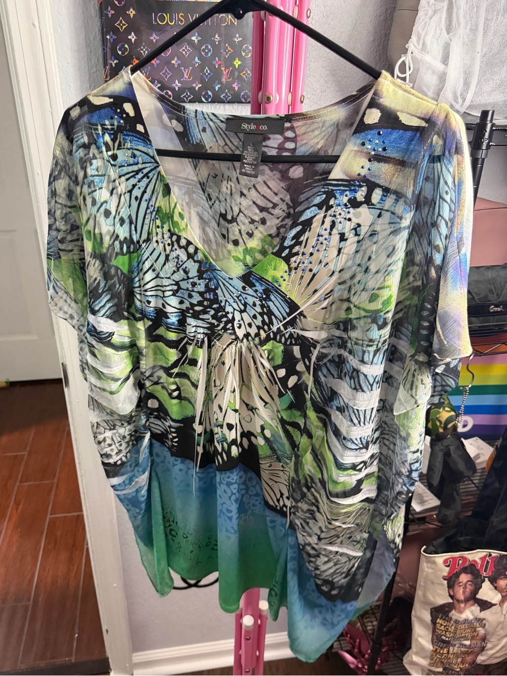 Style & Co. V-Neck Butterfly Print Tunic in Green and Blue
